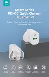Devia - 20W Dual Type C Power Delivery & Qualcomm 3-Pin UK Charging Plug - White