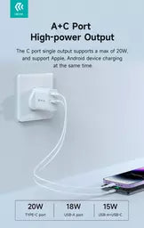 Devia - 20W Dual Type C Power Delivery & Qualcomm 3-Pin UK Charging Plug - White