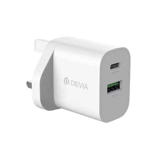 Devia - 20W Dual Type C Power Delivery & Qualcomm 3-Pin UK Charging Plug - White